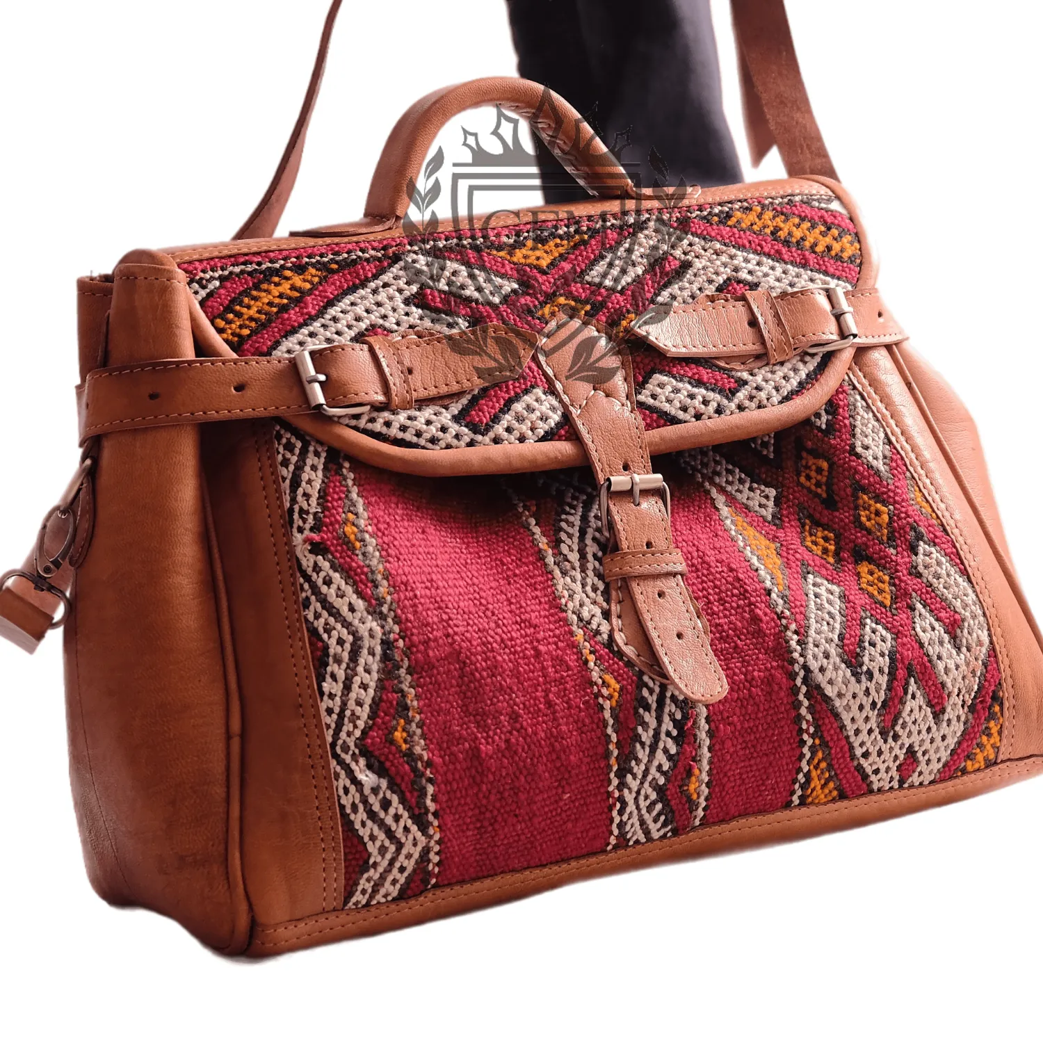 Handmade Moroccan Leather Travel Bag - Kilim Weekender Bag with Premium Leather