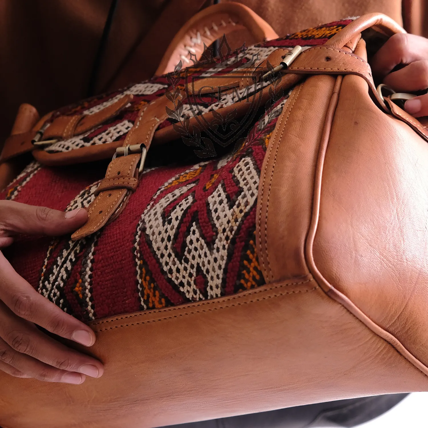 Handmade Moroccan Leather Travel Bag - Kilim Weekender Bag with Premium Leather