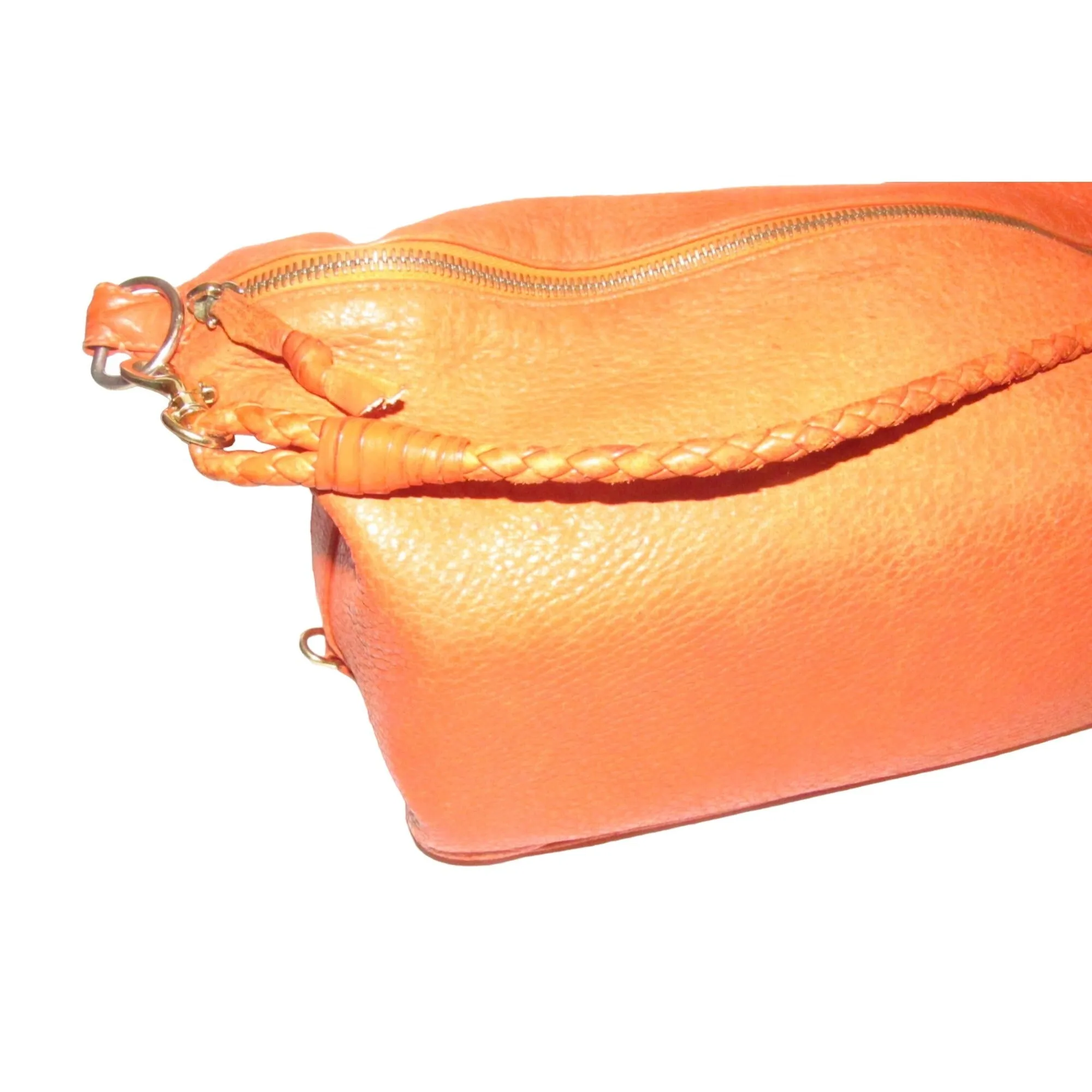 High- end bohemian, RARE, Bottega Veneta, orange leather with a braided leather strap and trim, satchel style, bucket purse