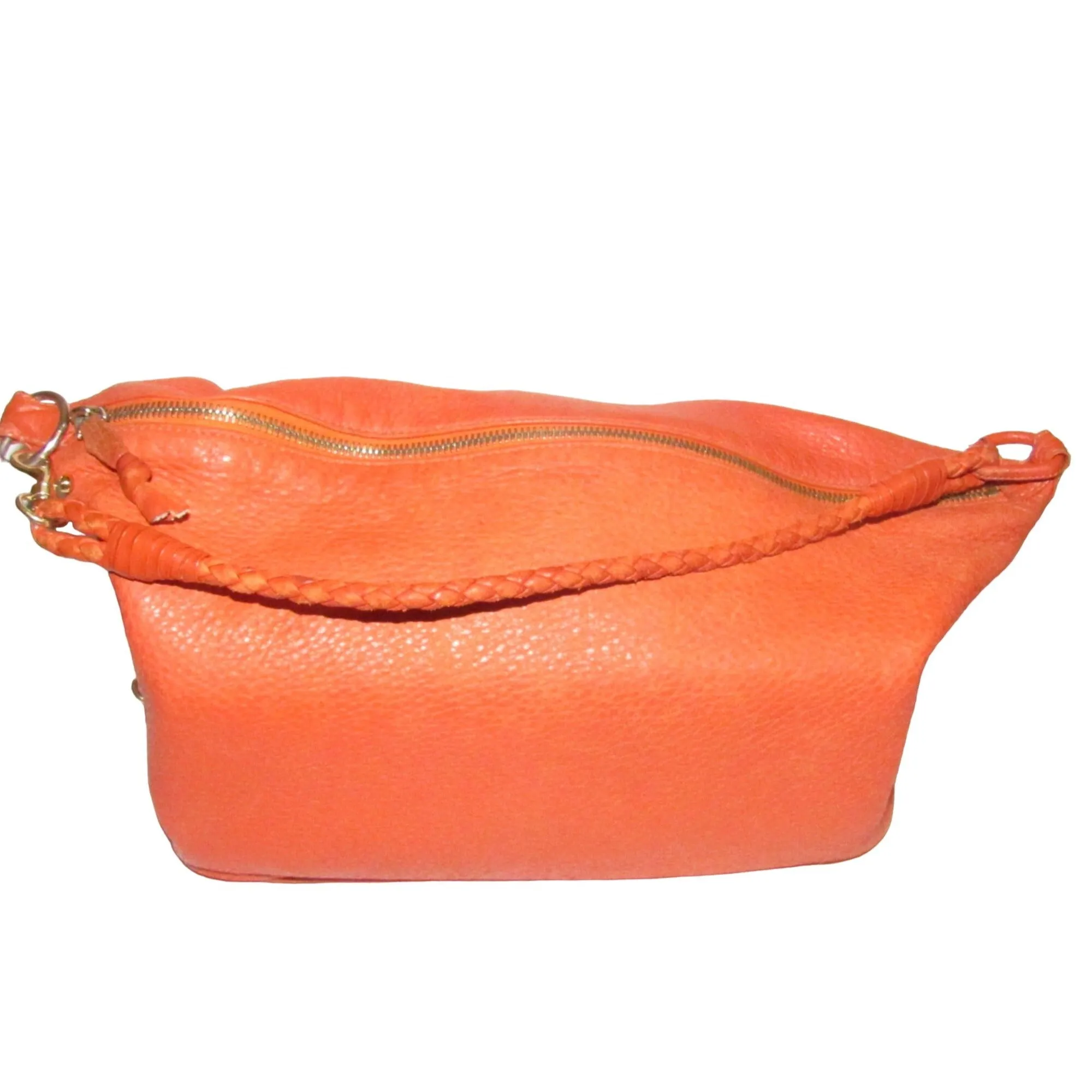 High- end bohemian, RARE, Bottega Veneta, orange leather with a braided leather strap and trim, satchel style, bucket purse