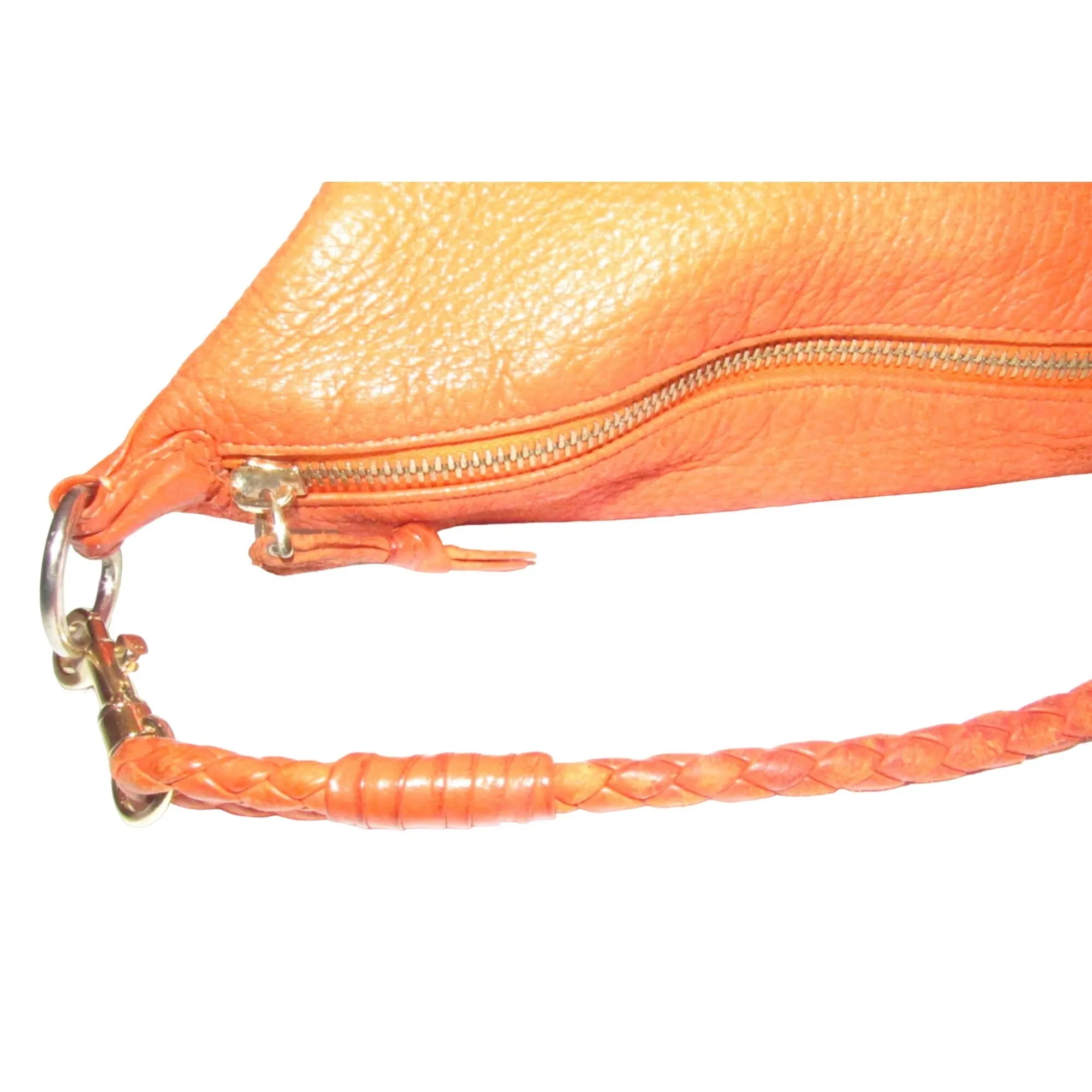 High- end bohemian, RARE, Bottega Veneta, orange leather with a braided leather strap and trim, satchel style, bucket purse