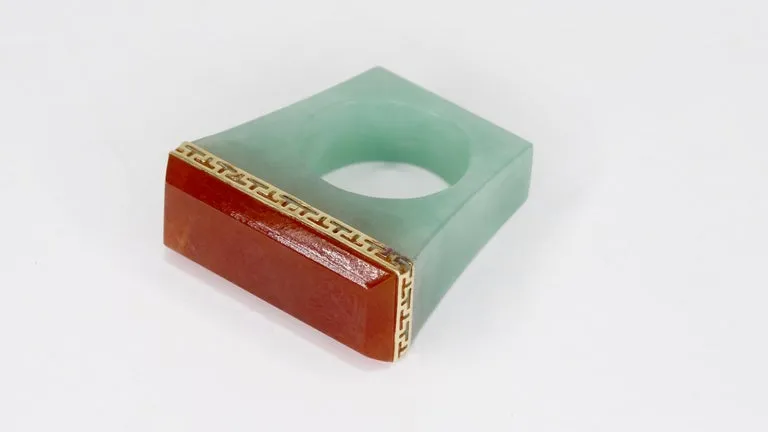 Jade & Cornelian Baguette Cocktail Ring 14k Gold