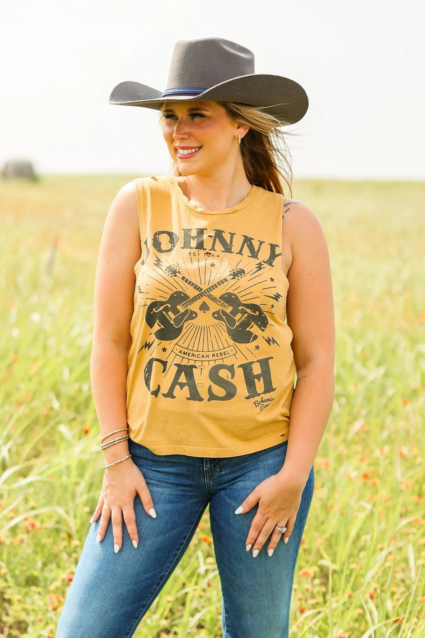 Johnny Cash Guitar Destroyed Tank Top - Wholesale