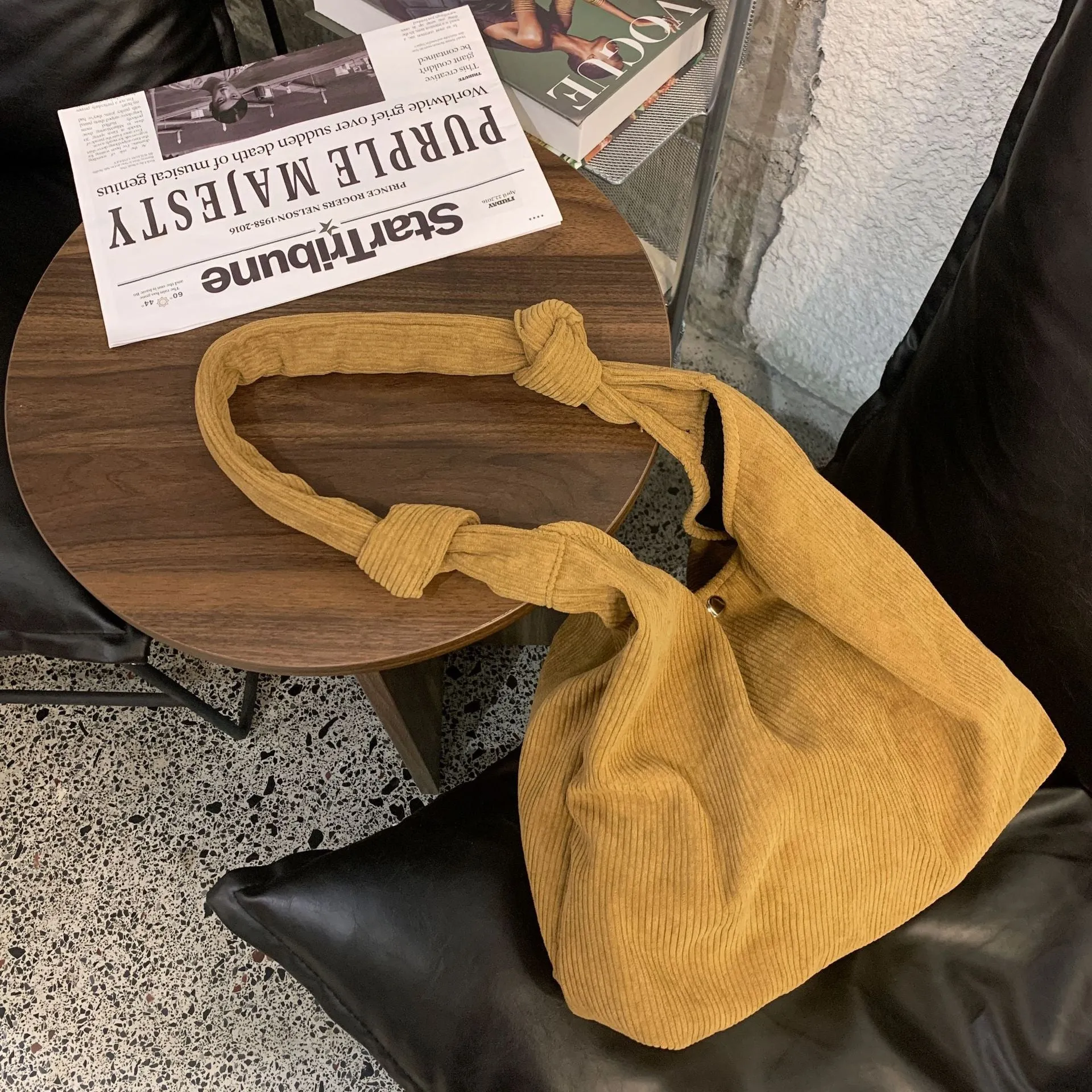 Knotted Corduroy Snap Shoulder Bag