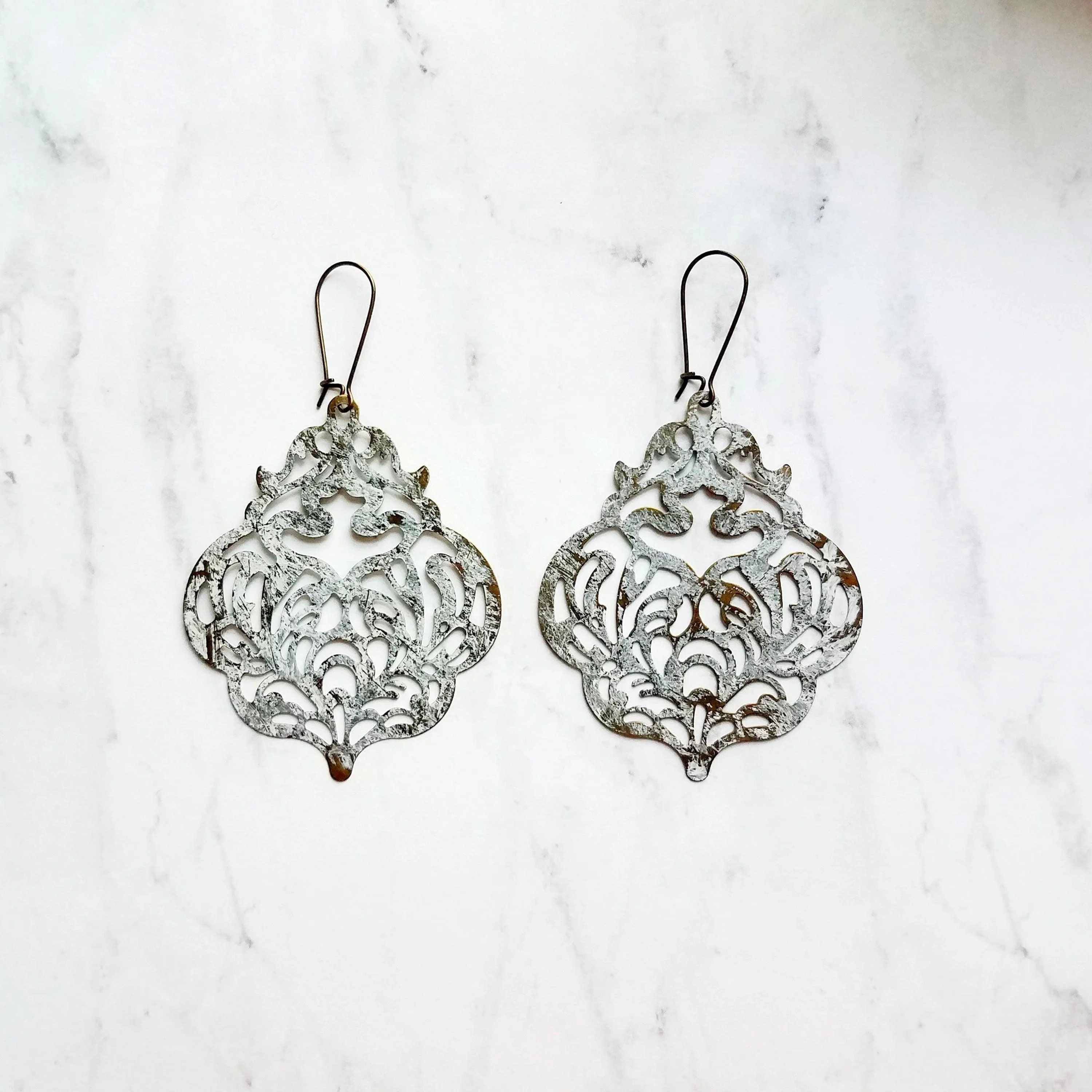 Large White Earrings - filigree Moroccan mottled patina over bronze - thin lightweight intricate design - chic trendy large medallion