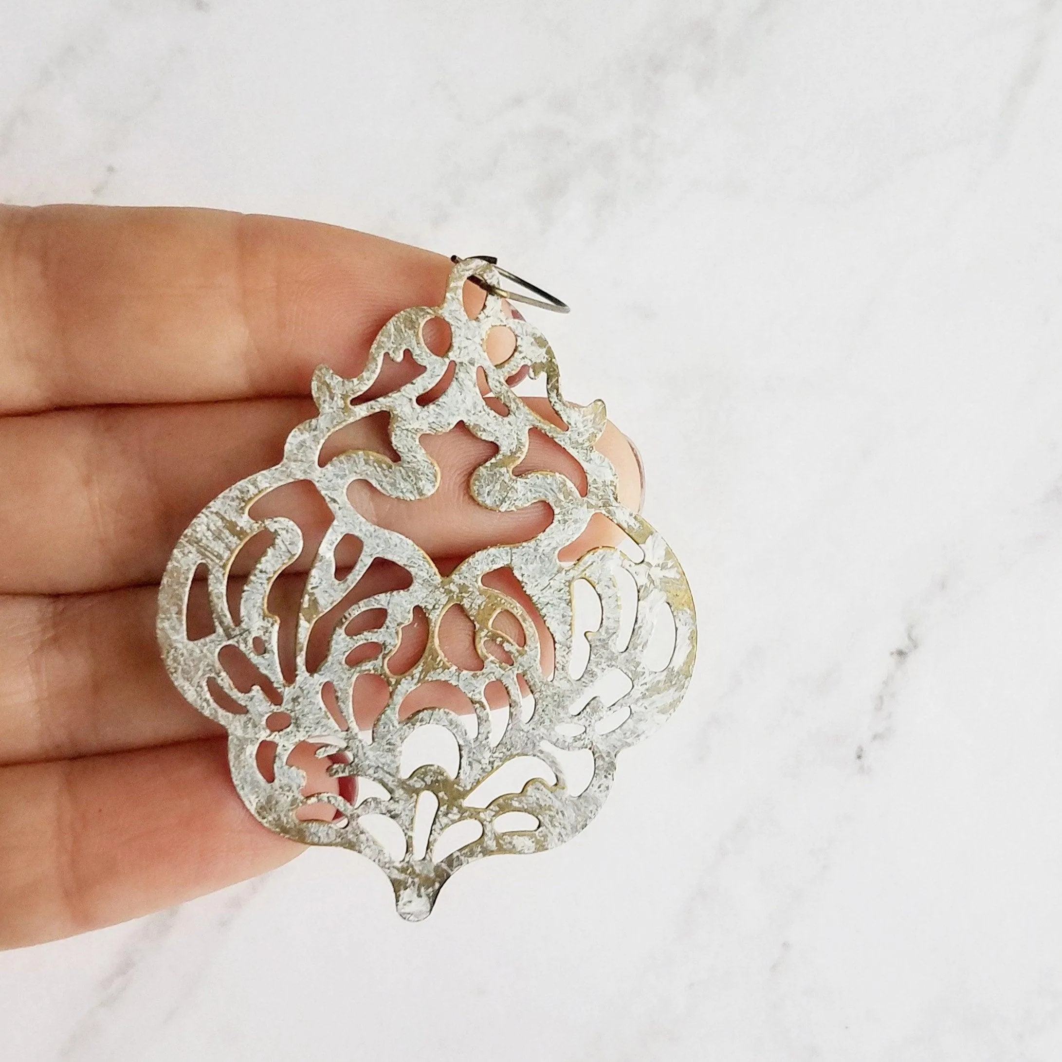 Large White Earrings - filigree Moroccan mottled patina over bronze - thin lightweight intricate design - chic trendy large medallion