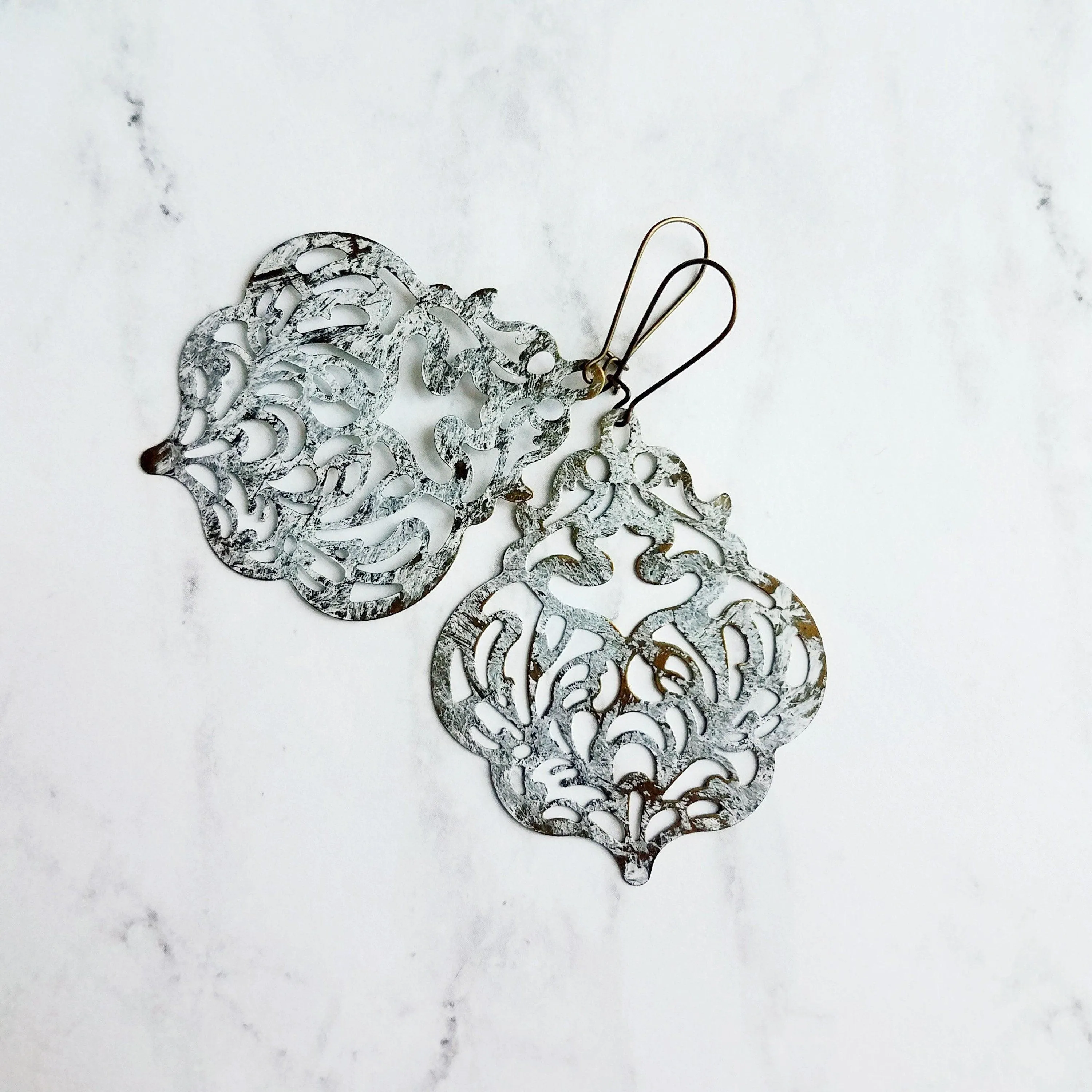 Large White Earrings - filigree Moroccan mottled patina over bronze - thin lightweight intricate design - chic trendy large medallion