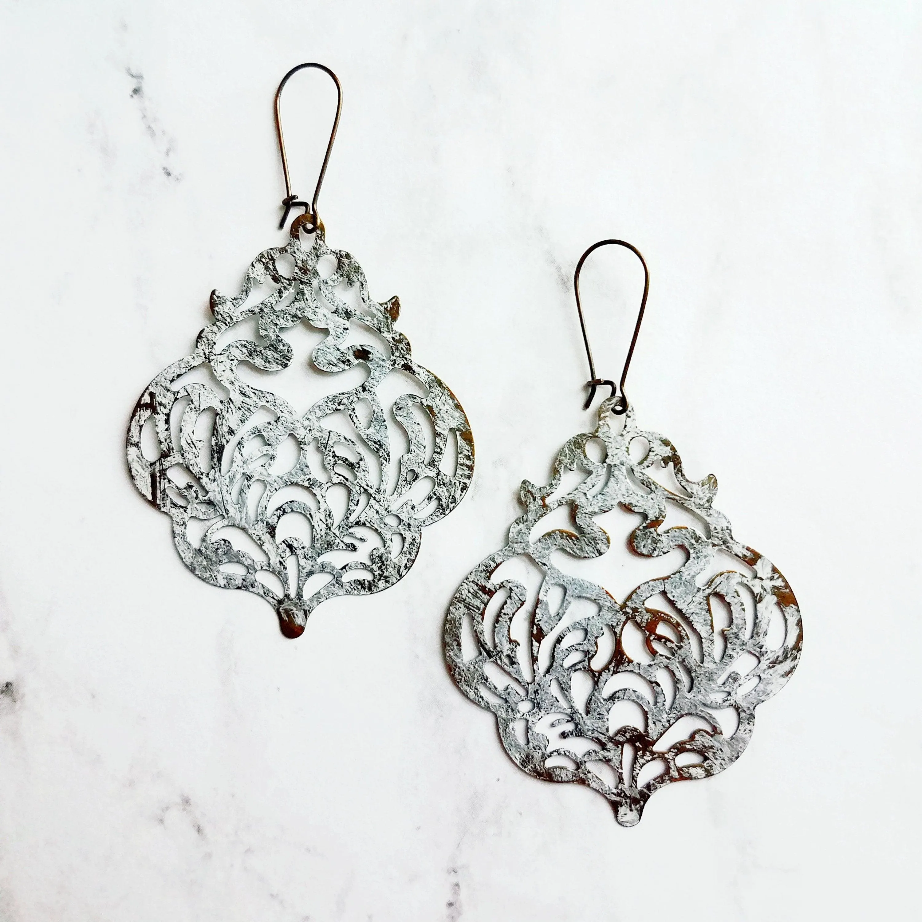 Large White Earrings - filigree Moroccan mottled patina over bronze - thin lightweight intricate design - chic trendy large medallion