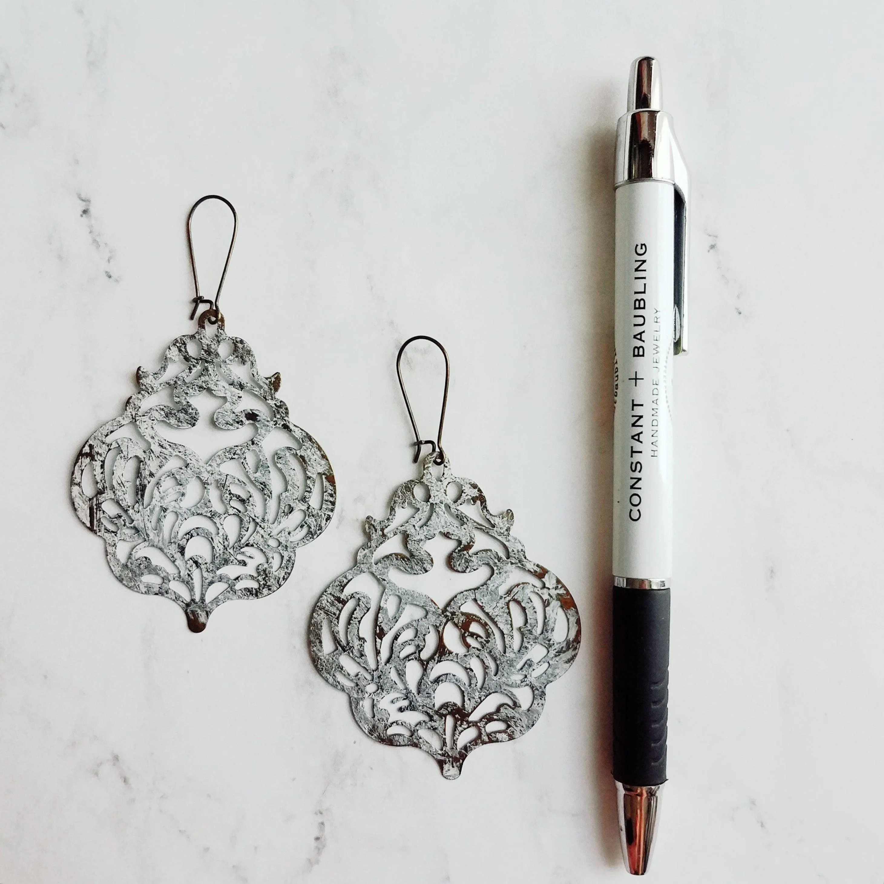Large White Earrings - filigree Moroccan mottled patina over bronze - thin lightweight intricate design - chic trendy large medallion