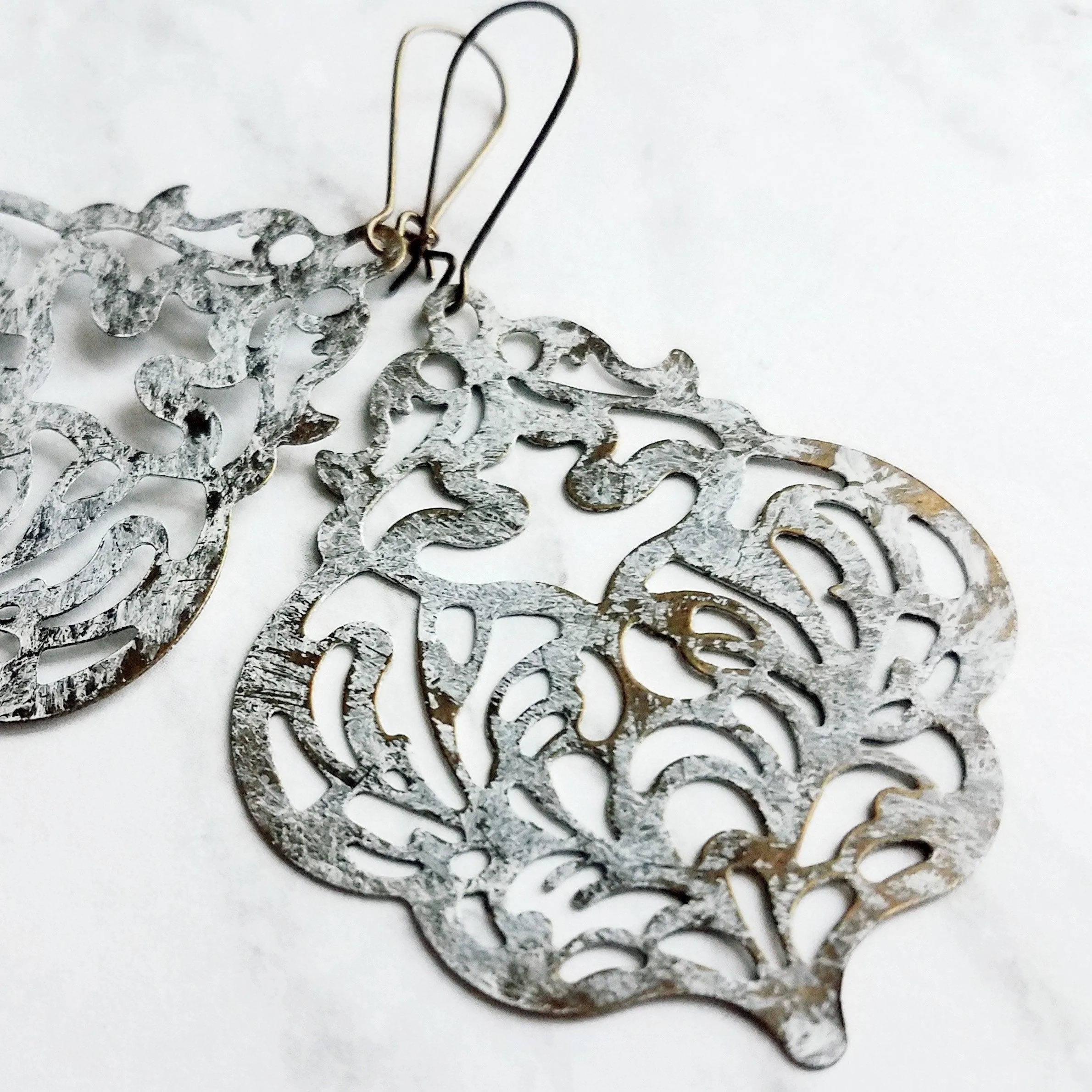 Large White Earrings - filigree Moroccan mottled patina over bronze - thin lightweight intricate design - chic trendy large medallion