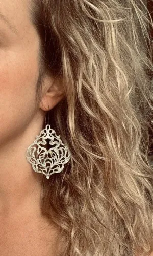 Large White Earrings - filigree Moroccan mottled patina over bronze - thin lightweight intricate design - chic trendy large medallion