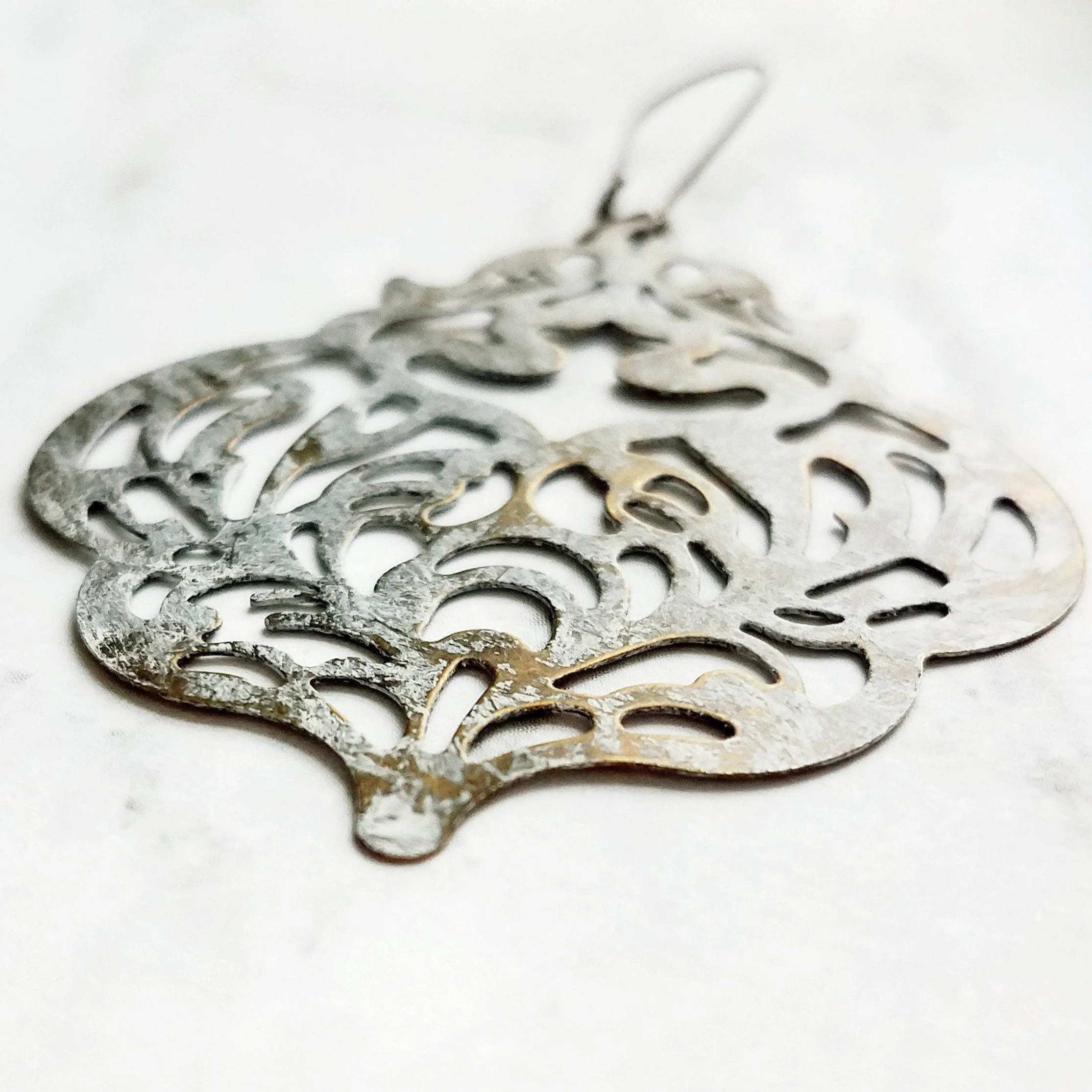 Large White Earrings - filigree Moroccan mottled patina over bronze - thin lightweight intricate design - chic trendy large medallion