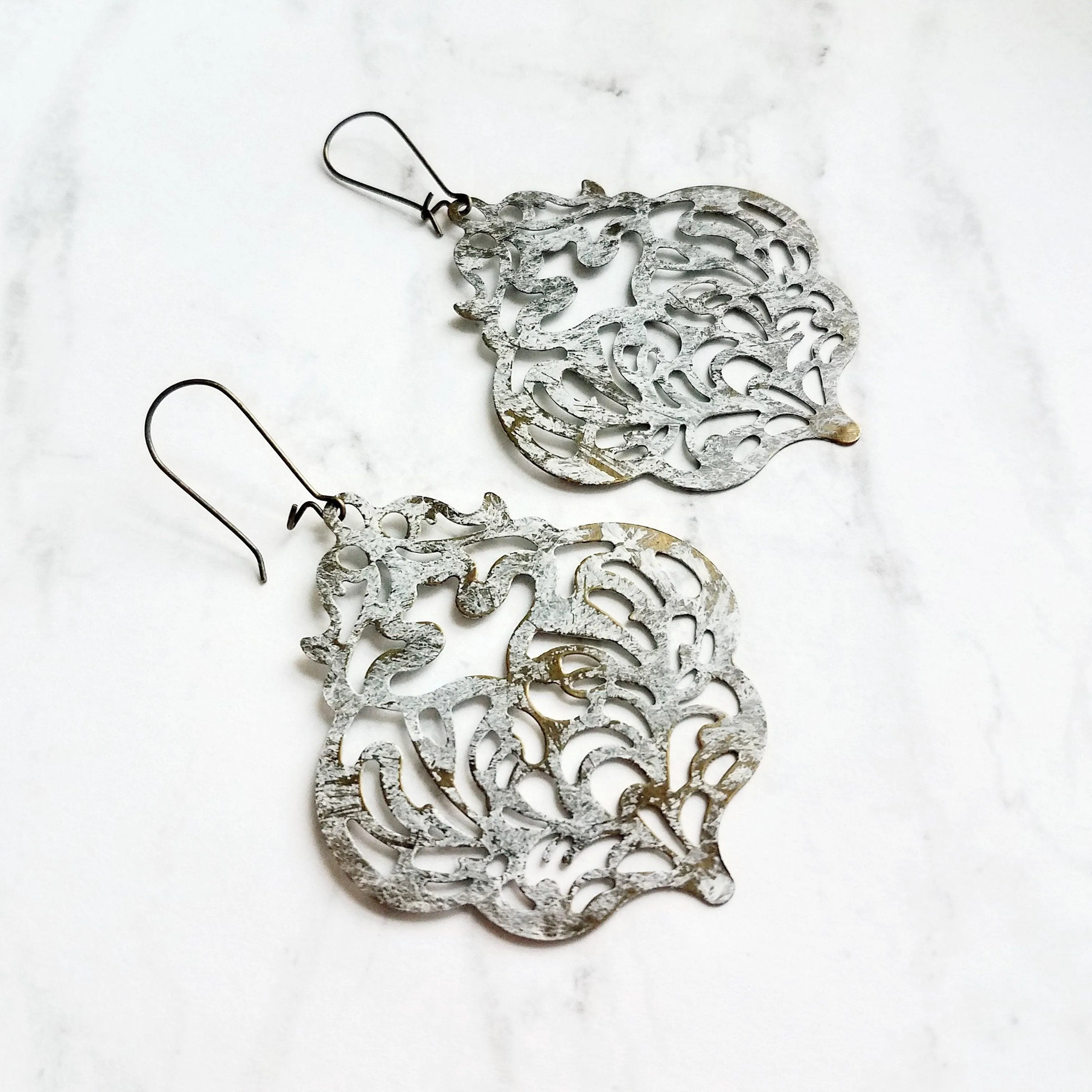 Large White Earrings - filigree Moroccan mottled patina over bronze - thin lightweight intricate design - chic trendy large medallion