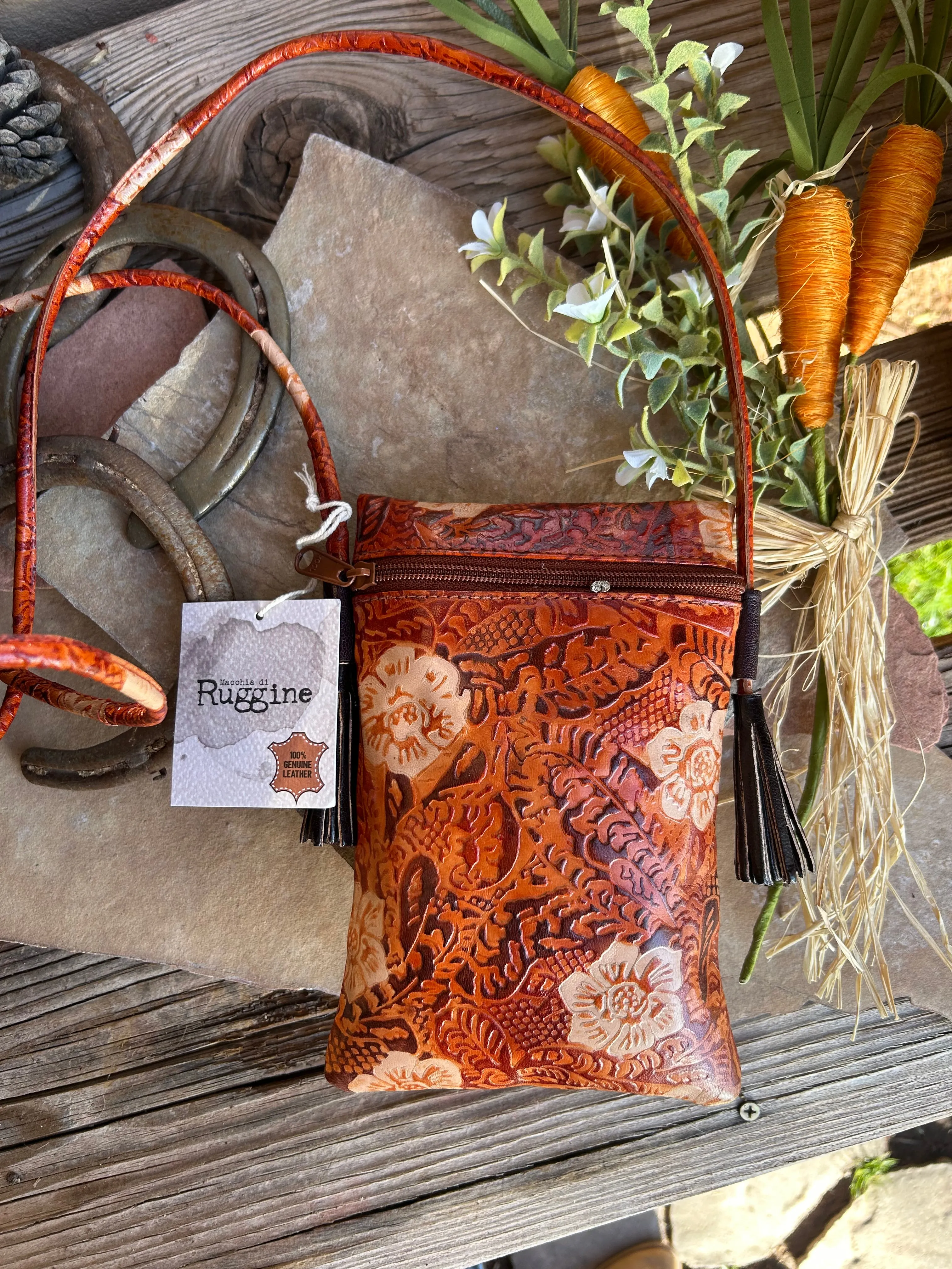 Leather Hand Painted Magnolia Cross Body Bag