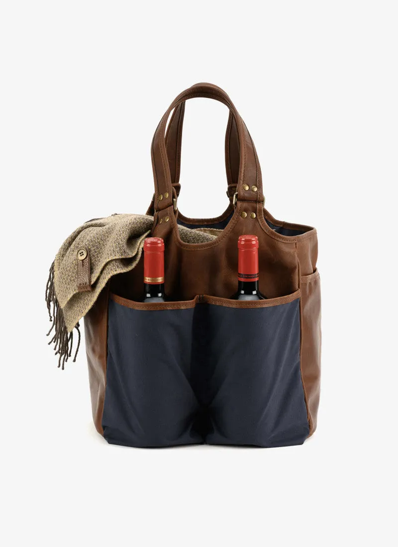 Leather Picnic Tote with Four Wine Bottle Pockets