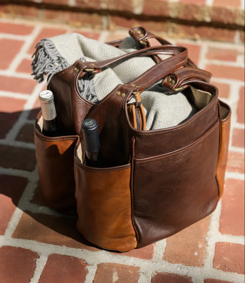Leather Picnic Tote with Four Wine Bottle Pockets