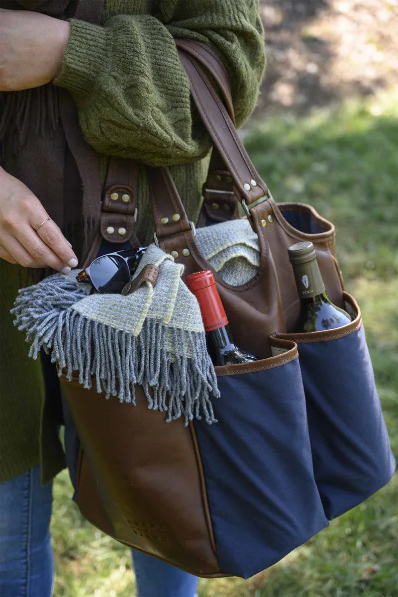Leather Picnic Tote with Four Wine Bottle Pockets