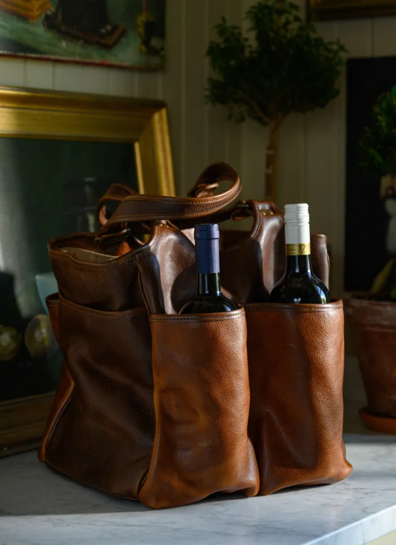 Leather Picnic Tote with Four Wine Bottle Pockets