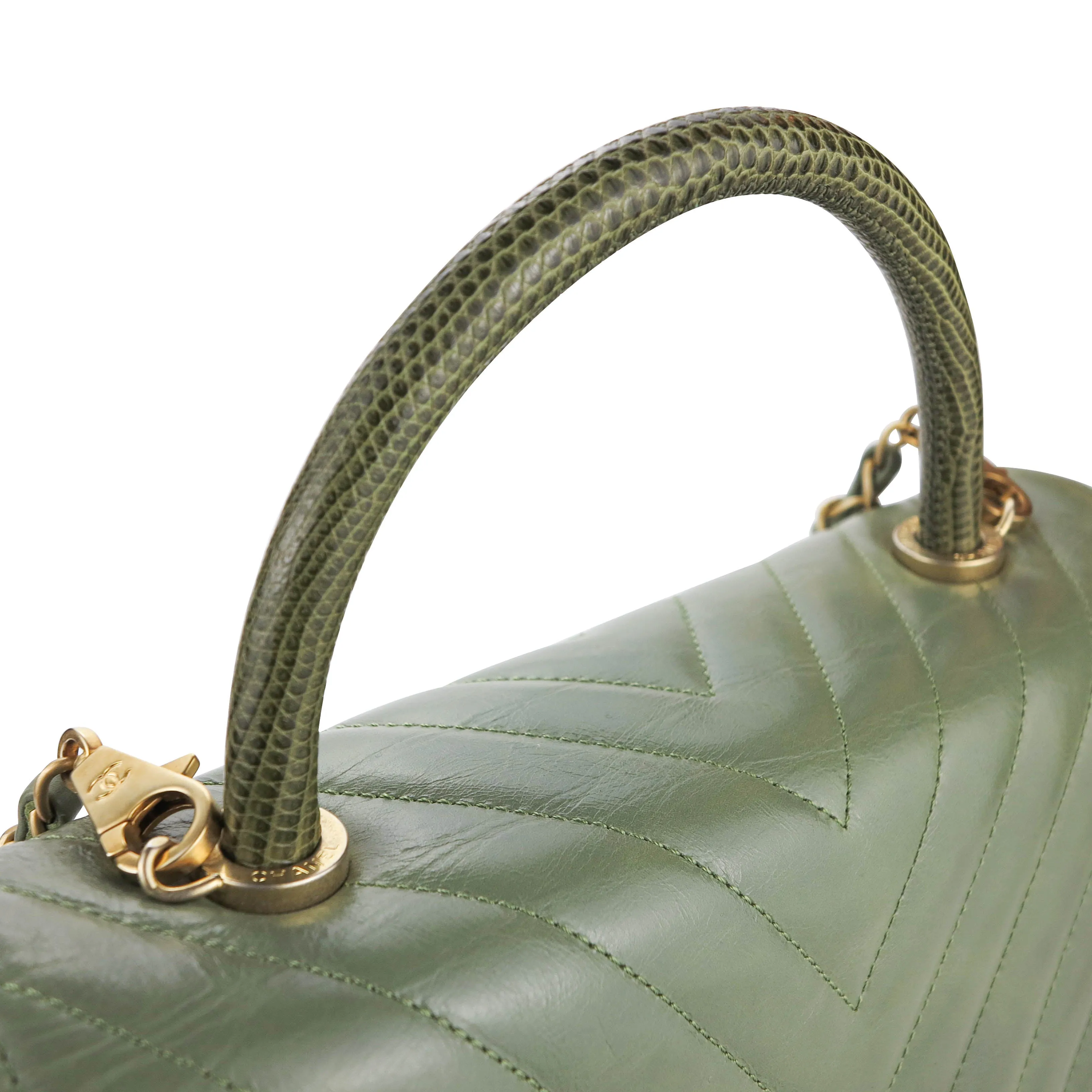 Lizard Small Chevron Coco Handle Bag in Khaki Green