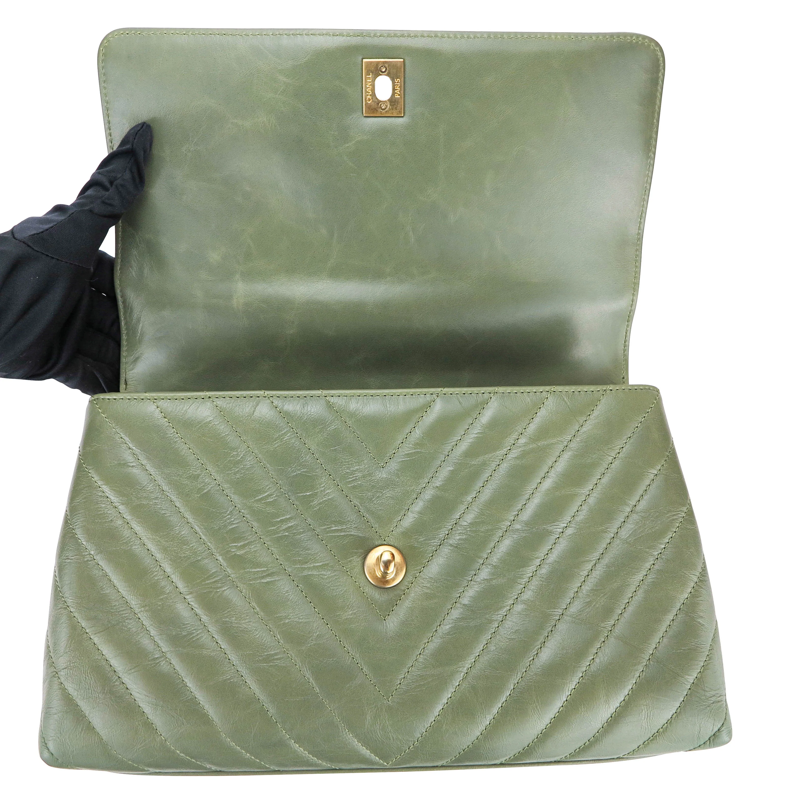 Lizard Small Chevron Coco Handle Bag in Khaki Green