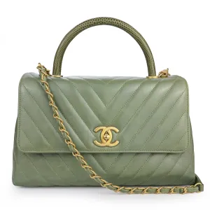 Lizard Small Chevron Coco Handle Bag in Khaki Green