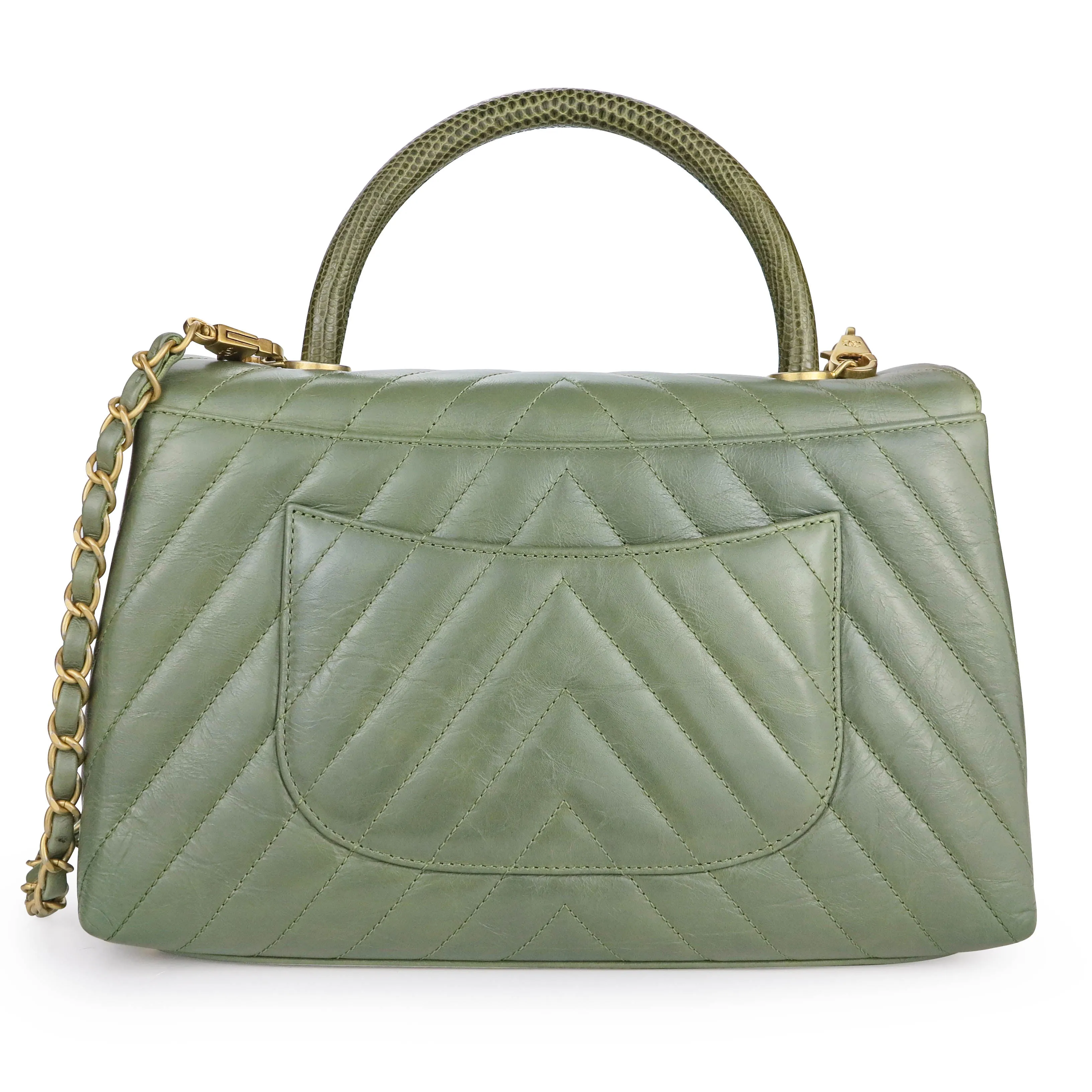 Lizard Small Chevron Coco Handle Bag in Khaki Green