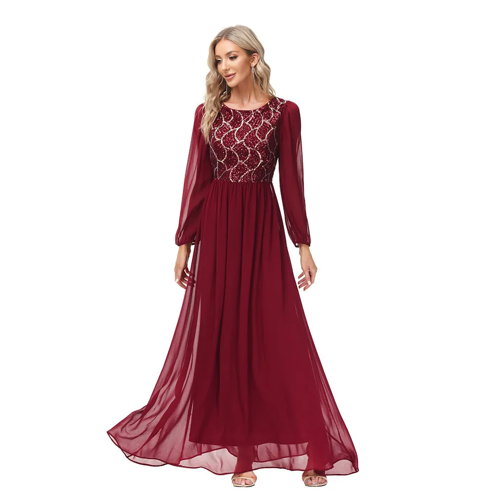 Long Sleeve Chiffon Panel Sequin Party Dress A-Line Round Neck Evening Dress