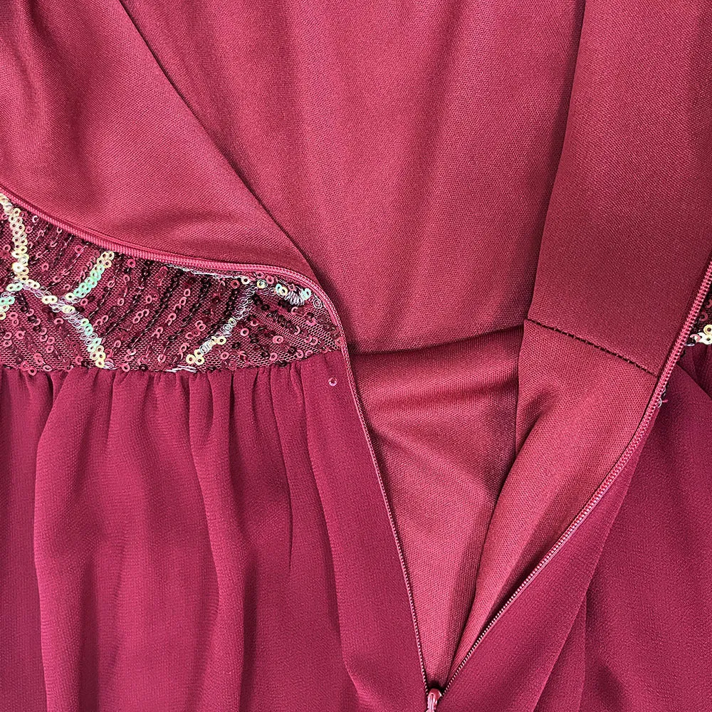 Long Sleeve Chiffon Panel Sequin Party Dress A-Line Round Neck Evening Dress