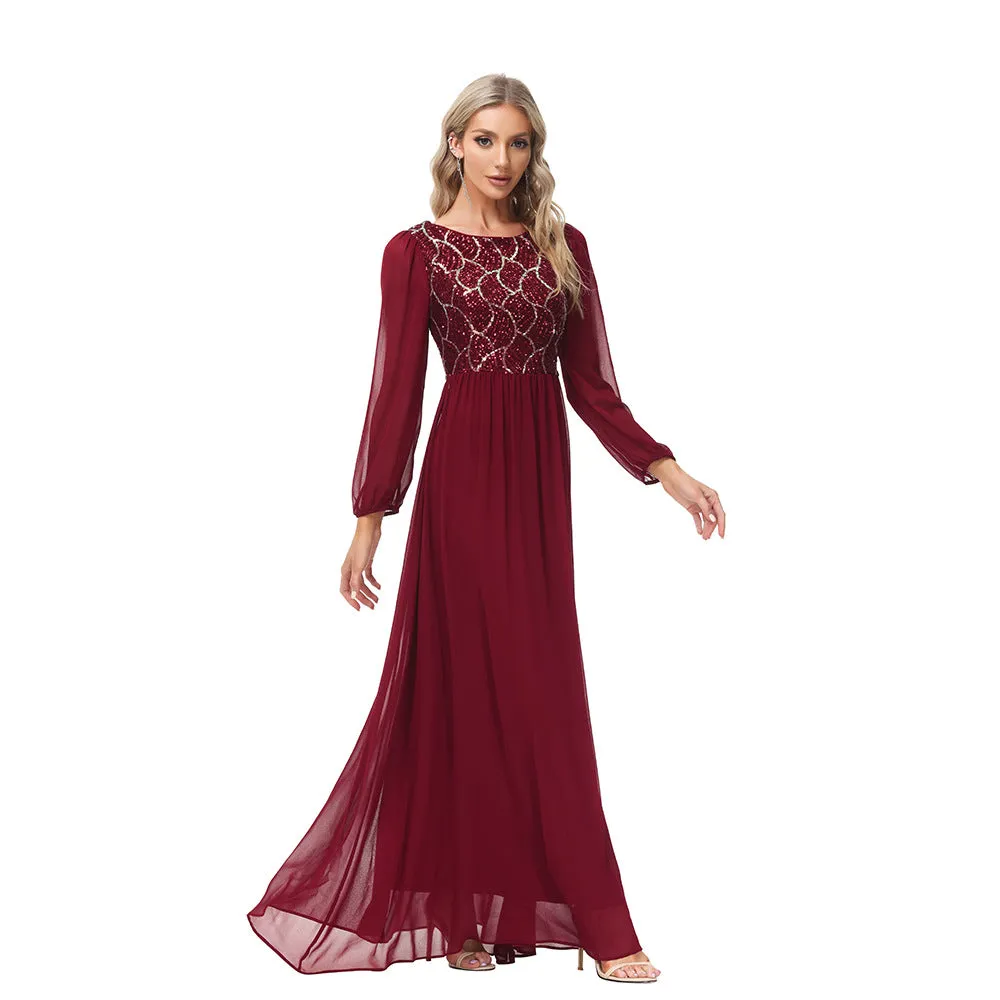 Long Sleeve Chiffon Panel Sequin Party Dress A-Line Round Neck Evening Dress