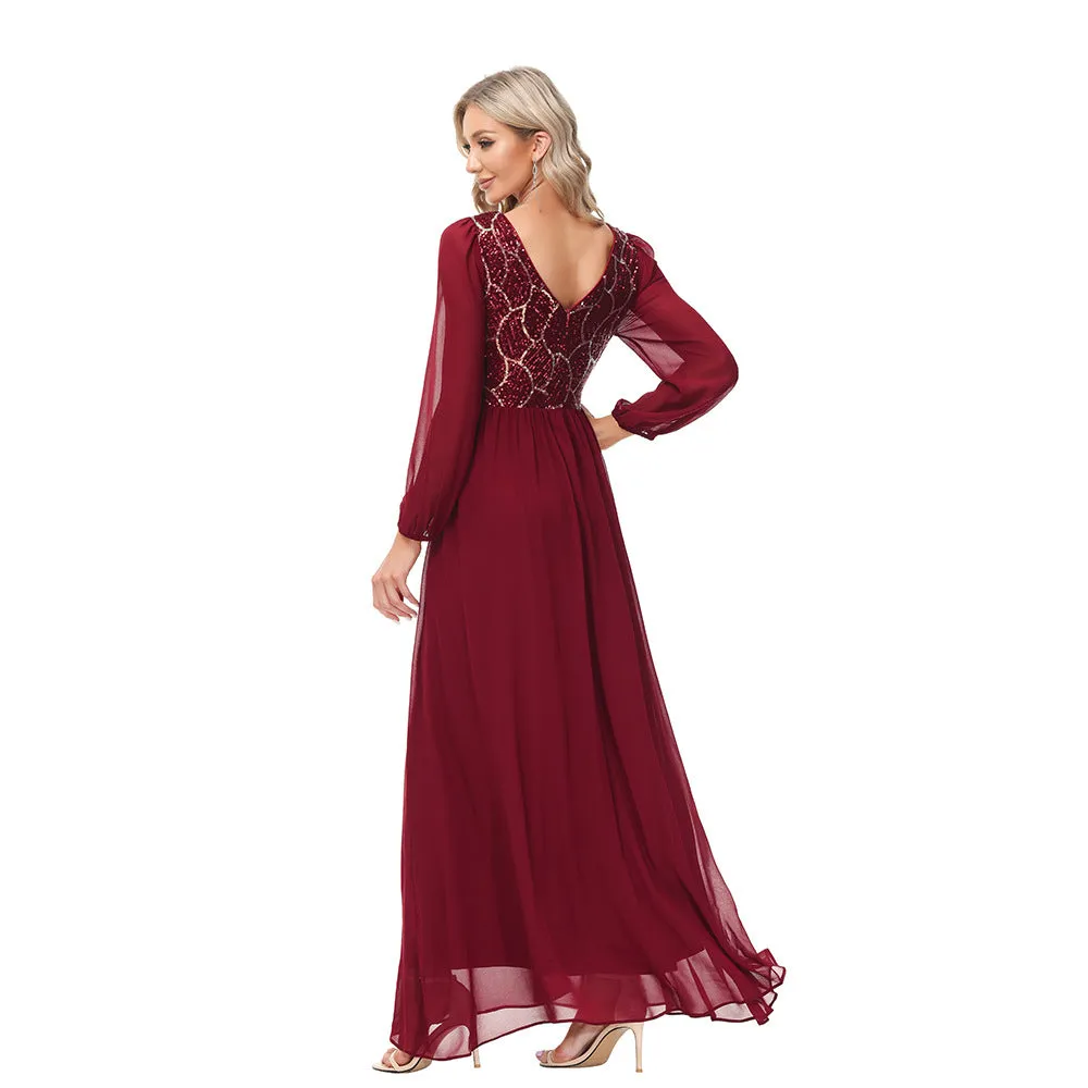 Long Sleeve Chiffon Panel Sequin Party Dress A-Line Round Neck Evening Dress