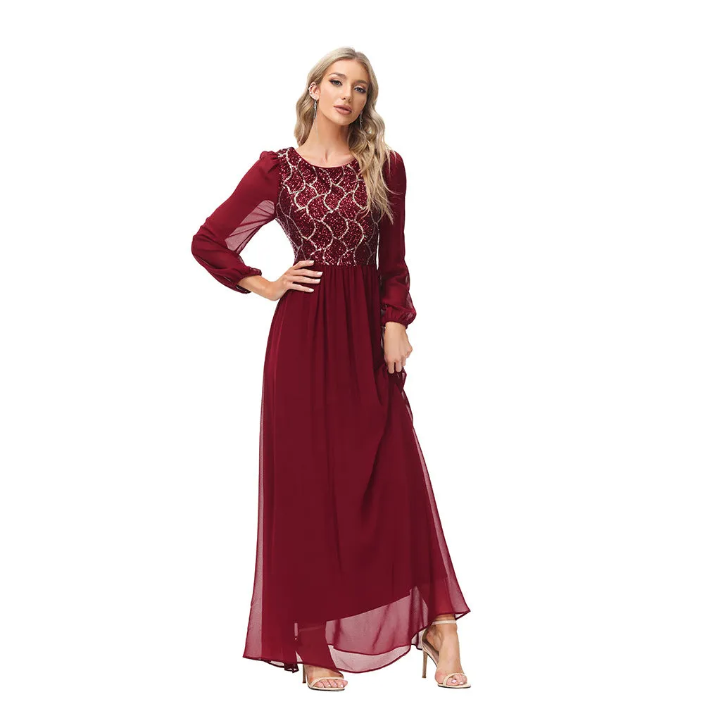 Long Sleeve Chiffon Panel Sequin Party Dress A-Line Round Neck Evening Dress