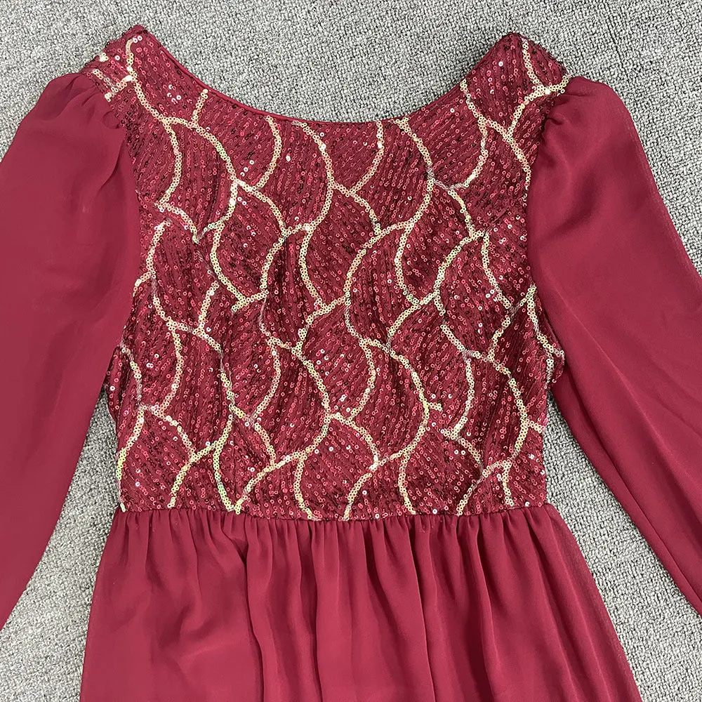 Long Sleeve Chiffon Panel Sequin Party Dress A-Line Round Neck Evening Dress