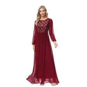 Long Sleeve Chiffon Panel Sequin Party Dress A-Line Round Neck Evening Dress