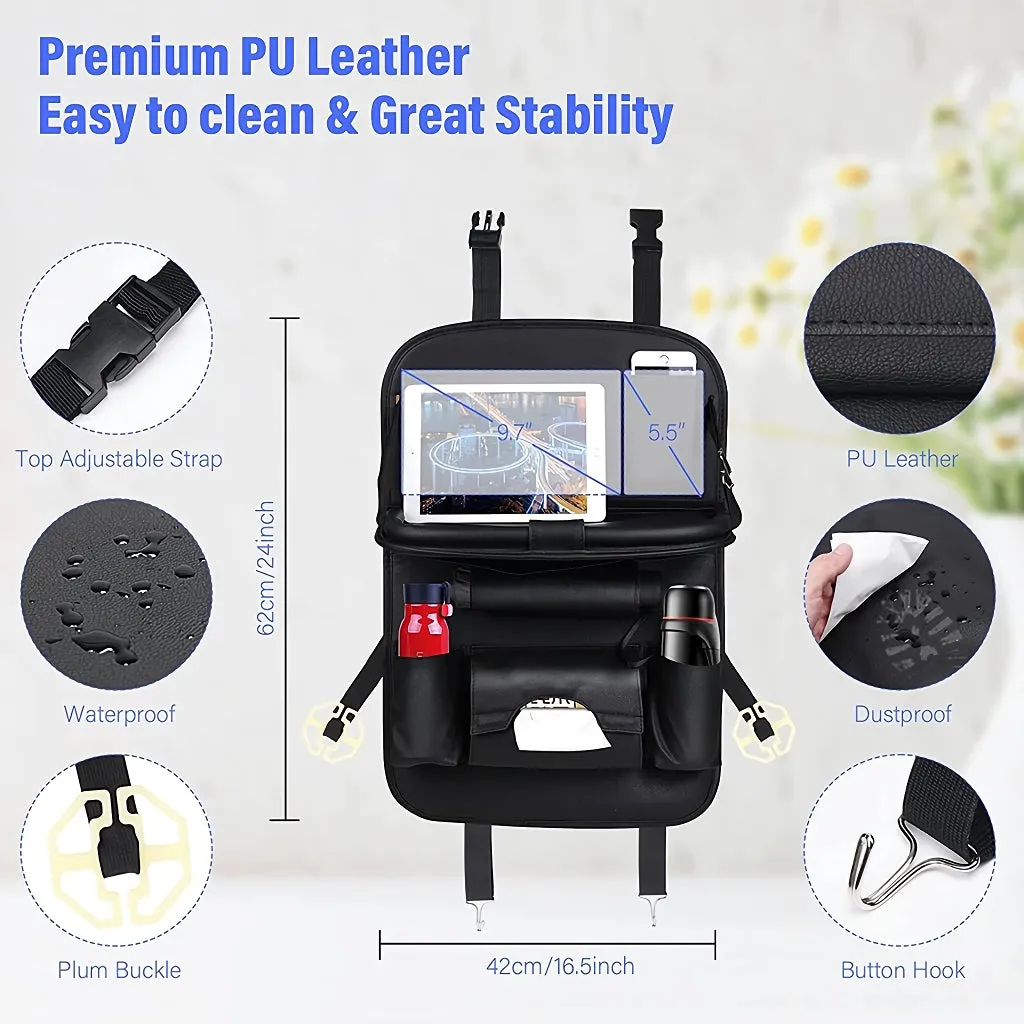 Luxury PU Leather Car Seat Back Organizer with Foldable Tray