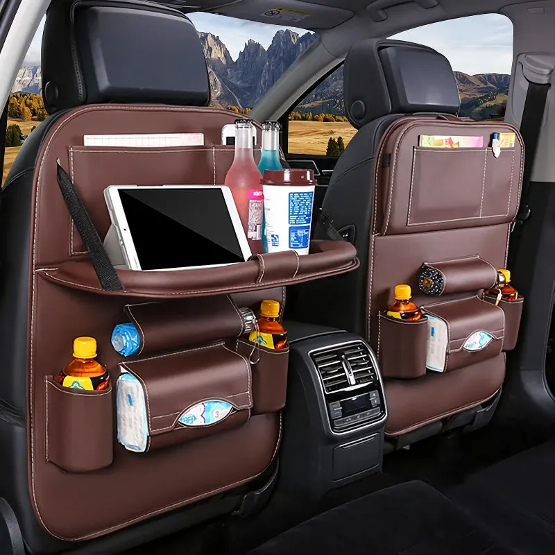 Luxury PU Leather Car Seat Back Organizer with Foldable Tray