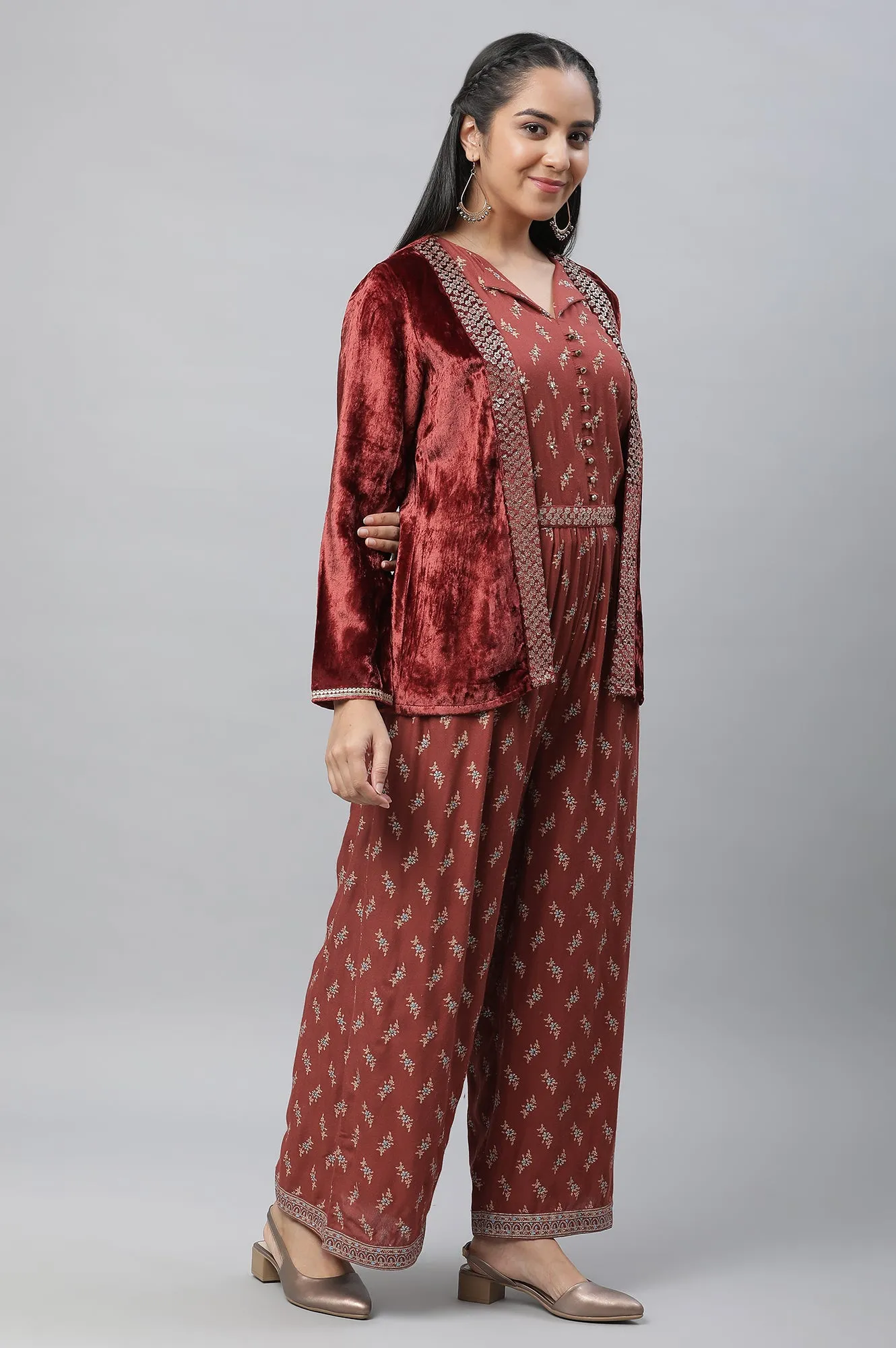 Maroon Embellished Jumpsuit with Velvet Jacket