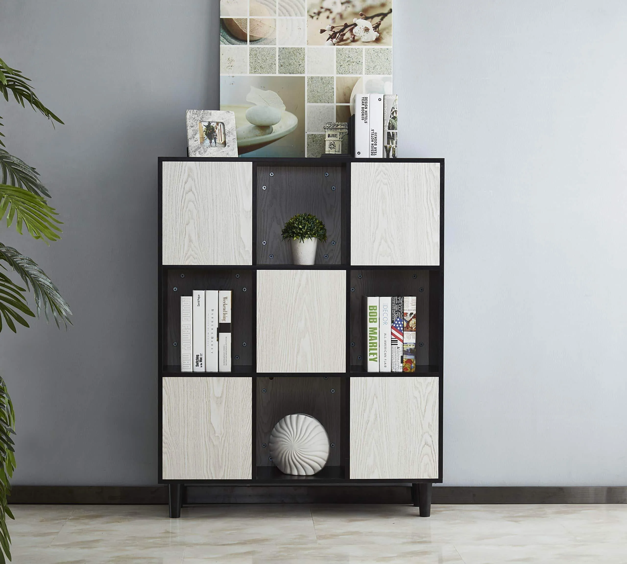 Mixcept Wooden Bookcase 47" High Storage Cabinet with 4 Solid Wood Legs Display Shelf with 8 Compartments 3 Tier Bookshelf for Home & Office, Black & White