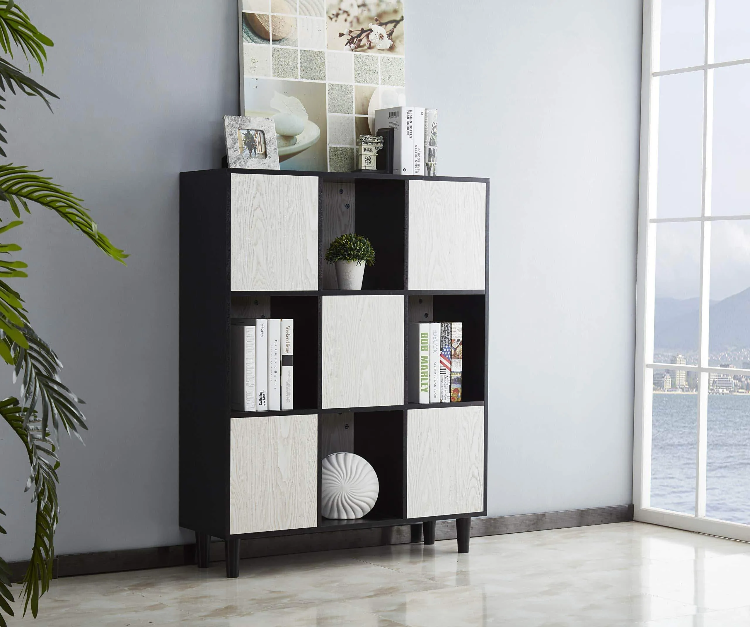 Mixcept Wooden Bookcase 47" High Storage Cabinet with 4 Solid Wood Legs Display Shelf with 8 Compartments 3 Tier Bookshelf for Home & Office, Black & White