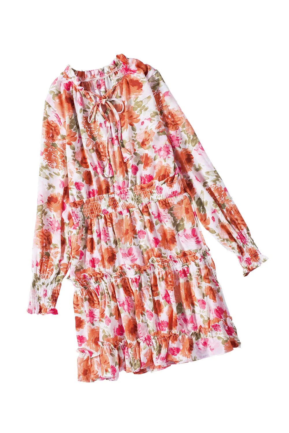 Multicolor Floral V Neck Long Sleeve Tie Waist Mini Dress