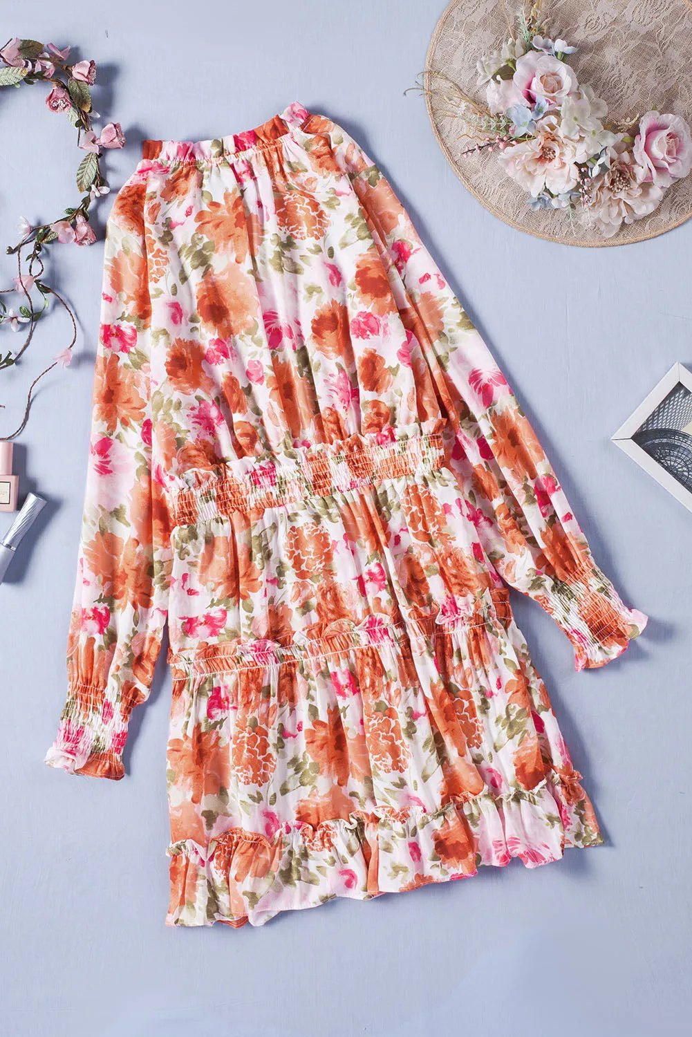 Multicolor Floral V Neck Long Sleeve Tie Waist Mini Dress