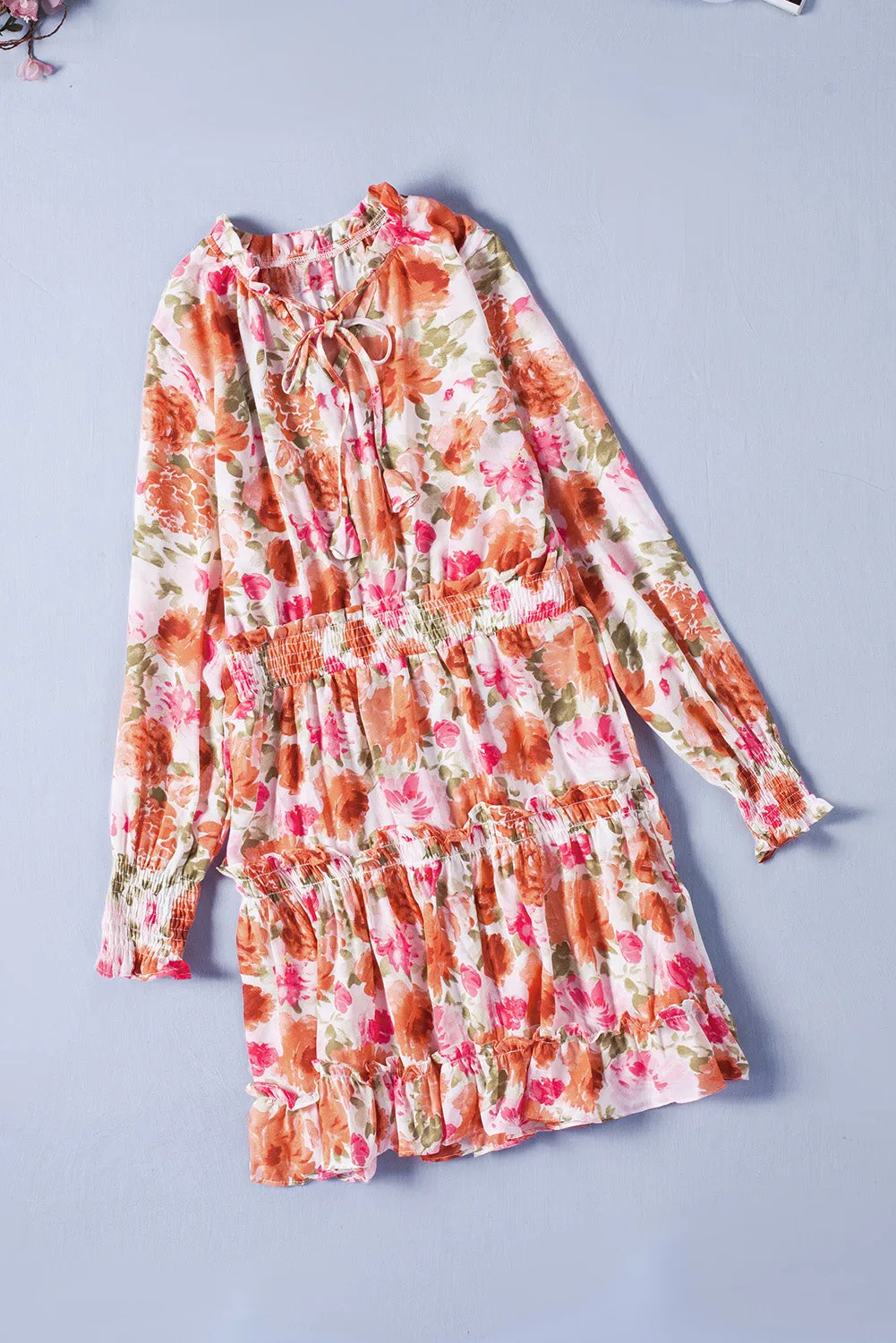 Multicolor Floral V Neck Long Sleeve Tie Waist Mini Dress