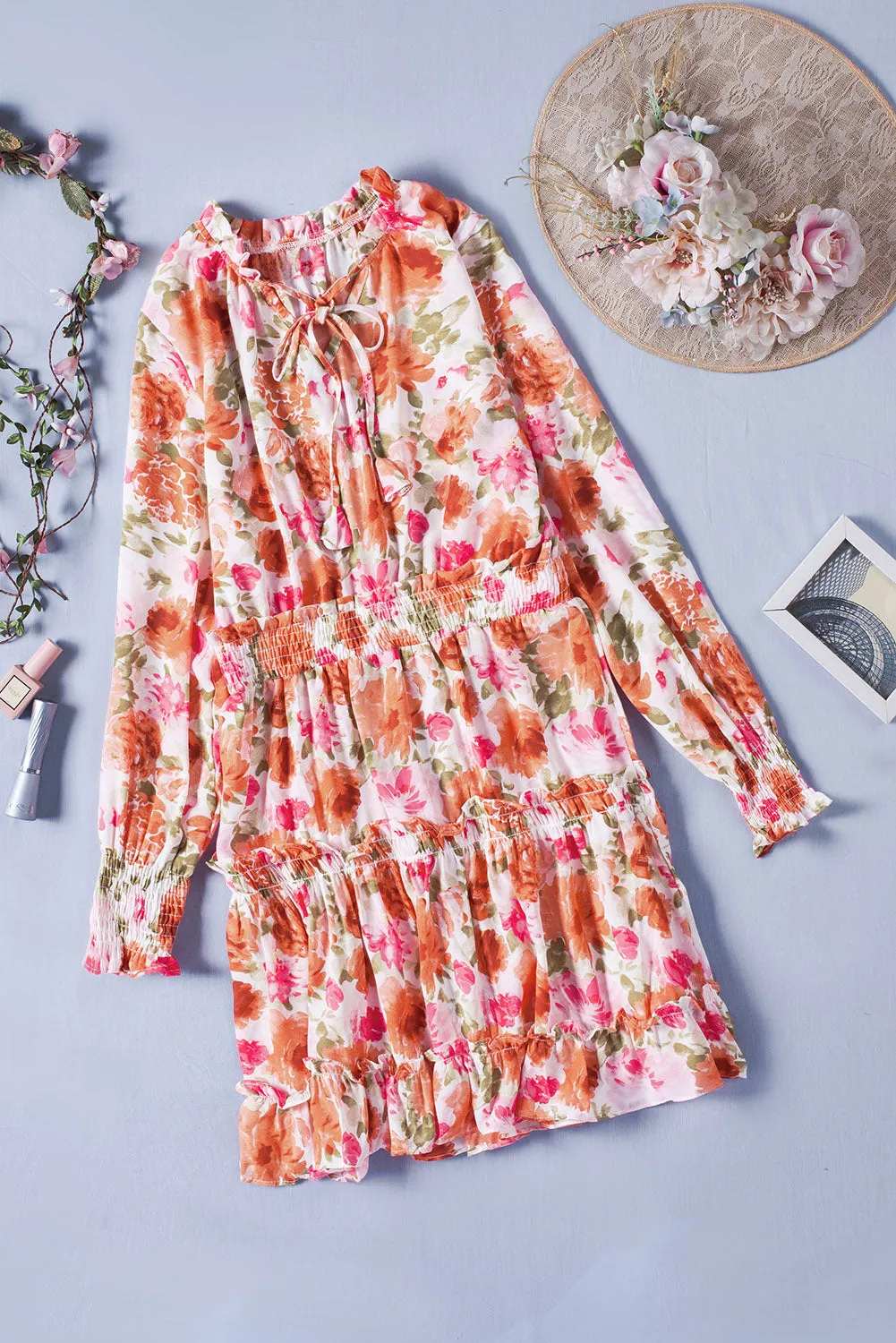 Multicolor Floral V Neck Long Sleeve Tie Waist Mini Dress
