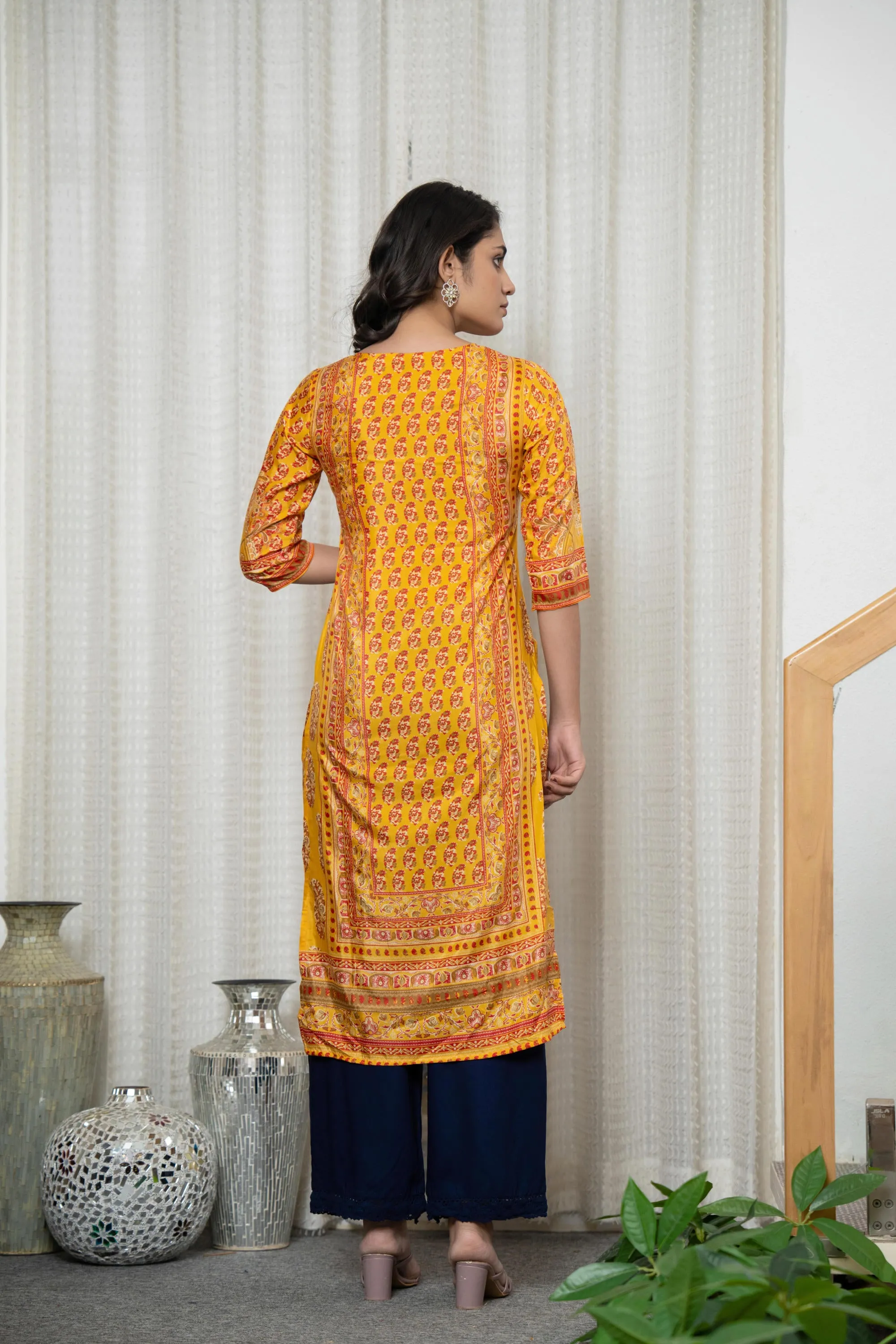 Mustard Ethnic Motif Printed Shantoon Kurta With Doris & Tassels