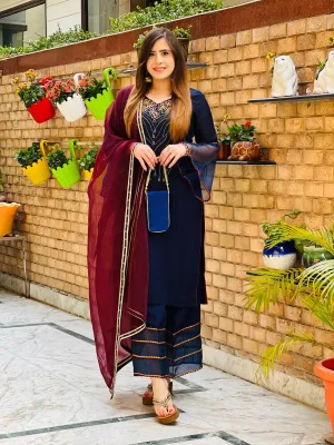 Navy Blue Embroidered Suit