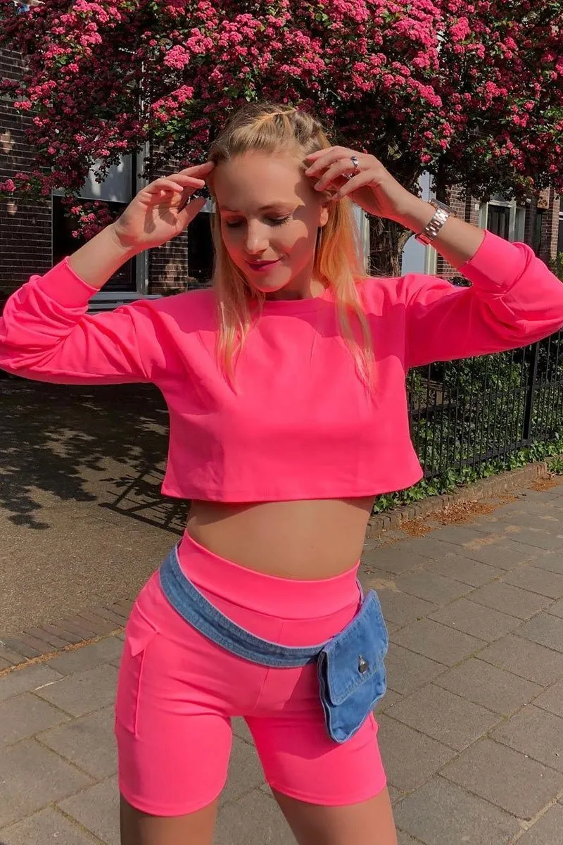 Neon Pink Crop Top And Shorts Co-ord Set - Fina