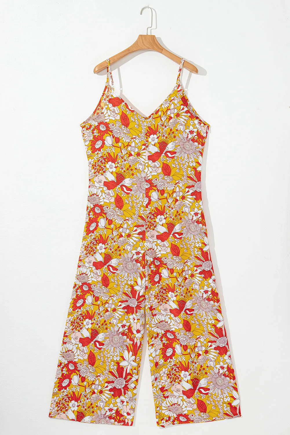 Orange Floral V Neck Wide Leg Sleeveless Jumpsuit