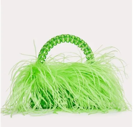 Pearl Bead Bag With Ostrich Feather Fur Designer Brand Clear Acrylic Crystal Stone Box Tote Handbag Women Handmade Party Purse