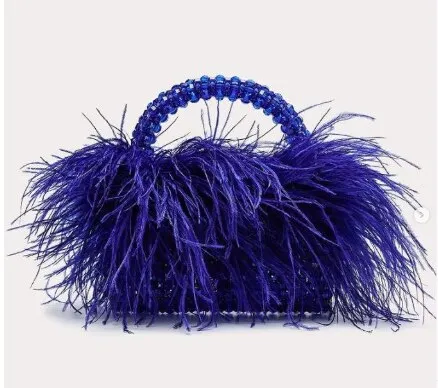 Pearl Bead Bag With Ostrich Feather Fur Designer Brand Clear Acrylic Crystal Stone Box Tote Handbag Women Handmade Party Purse