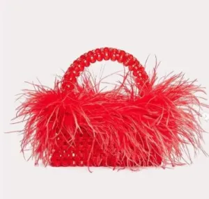 Pearl Bead Bag With Ostrich Feather Fur Designer Brand Clear Acrylic Crystal Stone Box Tote Handbag Women Handmade Party Purse
