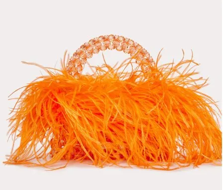 Pearl Bead Bag With Ostrich Feather Fur Designer Brand Clear Acrylic Crystal Stone Box Tote Handbag Women Handmade Party Purse